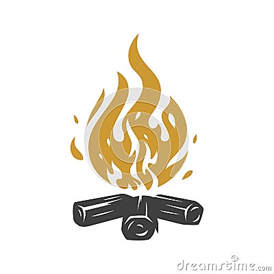 Campfire golden fire with firewood vintage icon design vector isometric illustration Vector Illustration