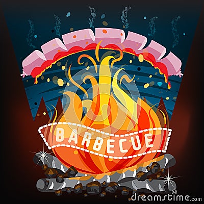 Campfire with hot sausage, barbecue brochure Vector Illustration