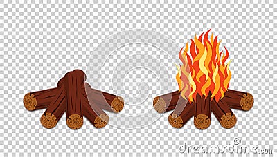 Campfire isolated on transparent background. Burning bonfire with wood and flame. Campfire in cartoon style Vector Illustration