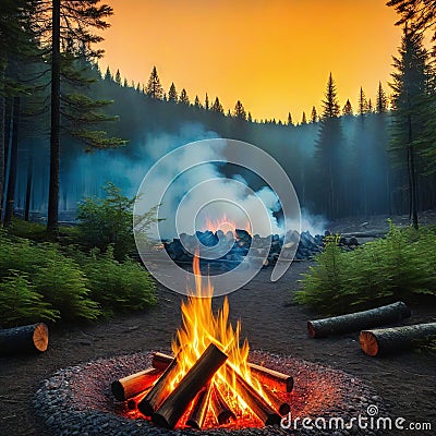 A campfire in the middle of a forest at a digital icon for weather the artist has used realistic fire sharp focus by Cartoon Illustration