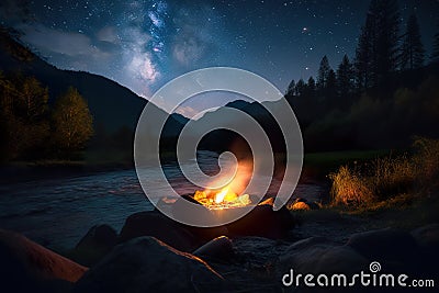 A campfire in the middle of a river at night. AI generative image Stock Photo