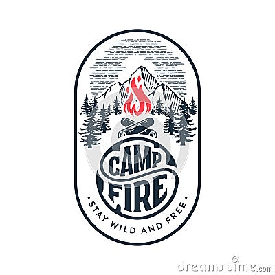 Campfire stay wild oval white Vector illustration. Vector Illustration