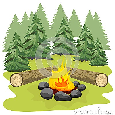 Campfire with stones and wooden logs in forest clearing Vector Illustration