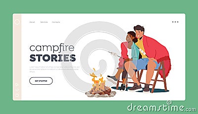 Campfire Stories Landing Page Template. Young Man and Woman Couple Sitting at Fire Frying Marshmallow Vector Illustration