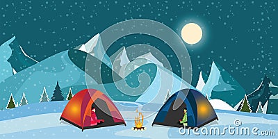 Campfire and tourist tent on snowy meadow. Vector Illustration