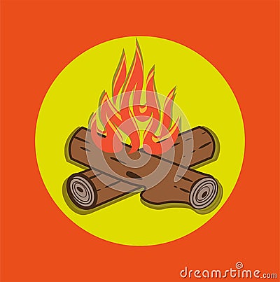 Campfire vector cartoon style illustration - Crossed logs and fire flames on an Orange background Vector Illustration