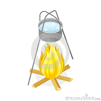 Campfire with Water Boiling in Cooking Pot Isometric Vector Illustration Stock Photo