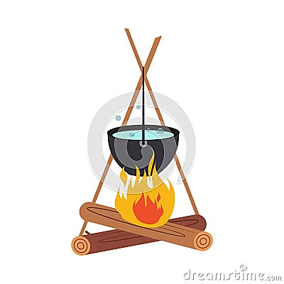 Campfire with Water Boiling in Cooking Pot Vector Illustration Vector Illustration