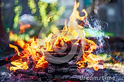 Campfire of wood pile with flame tongues burning at summer sunset at countryside. Natural fire background Stock Photo