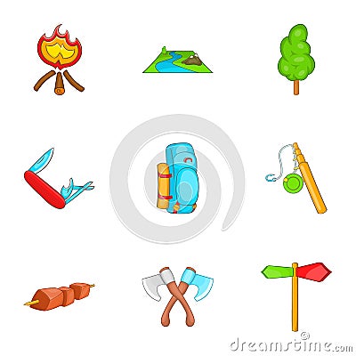 Campground icons set, cartoon style Vector Illustration