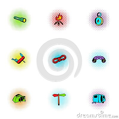 Campground icons set, pop-art style Vector Illustration