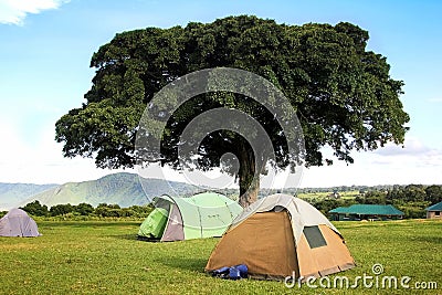Campground in the mountains of the Ngorongoro crater . Africa. Stock Photo