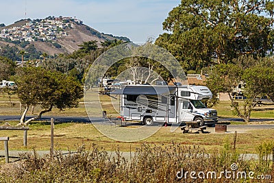 Campground for RV camper vehicles and motor homes in scenic Pismo Beach, California Central Coast Editorial Stock Photo