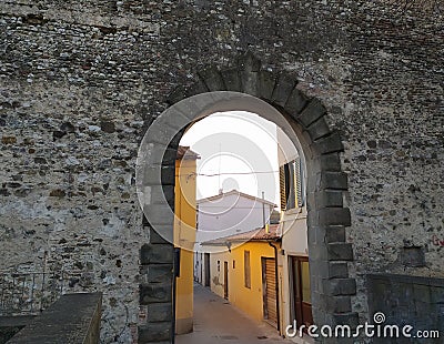 Campi Bisenzio, Italy, Medieval door of St.Stephen, Porta Santo Stefano to the north, old town walls. Editorial Stock Photo