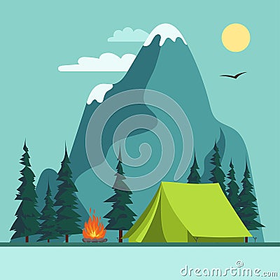 Camping Adventure, bonfire fire and tent, vector Vector Illustration