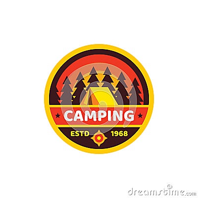 Camping adventure outdoors - concept badge logo in flat style. Extreme exploration sticker symbol. Vector illustration. Graphic Vector Illustration