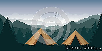 Camping adventure in the wilderness two tents in the forest at green mountain landscape Vector Illustration