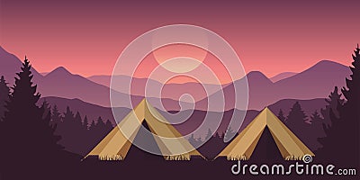 Camping adventure in the wilderness two tents in the forest with mountain landscape Vector Illustration