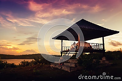 Camping on background sunset, volcano batur and mountain Stock Photo