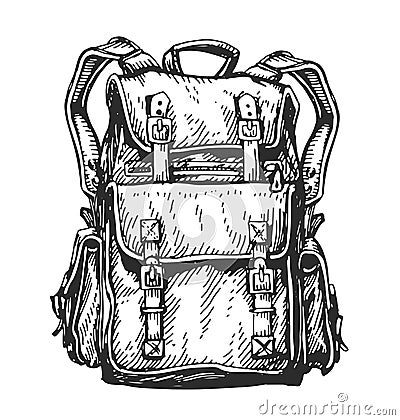 Camping backpack, hiking luggage sketch. Travel knapsack. Camp hike bag. wanderlust concept vintage vector illustration Vector Illustration