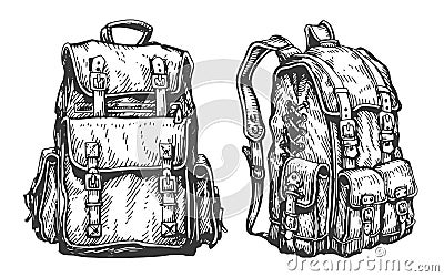 Camping backpack, hiking luggage sketch. Travel knapsack. Hike bag. Adventure, expedition, backpacking concept vector Vector Illustration