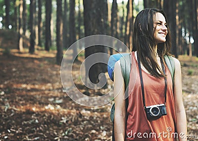 Camping Backpacker Photographer Camera Adventure Concept Stock Photo