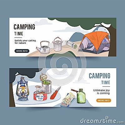 Camping banner design with lantern, tent, pot, penknife, map watercolor illustration Cartoon Illustration