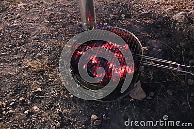 Camping barbecue fried natural coals Stock Photo