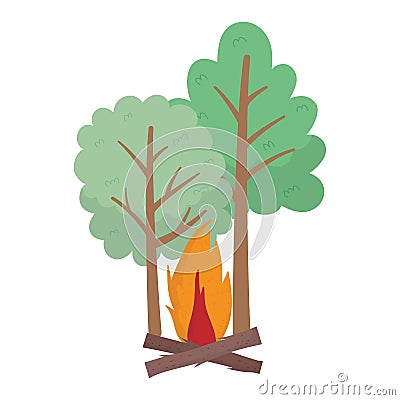 Camping bonfire trees forest cartoon isolated design Vector Illustration