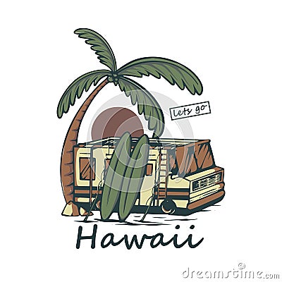 camping bus illustration with hawaii text Vector Illustration