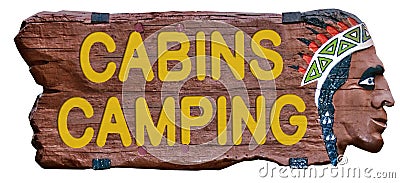 Camping Cabins Sign Indian Head Wood Vintage Stock Photo