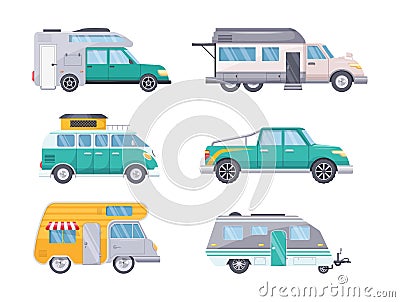 Camping caravan cars for travel adventure. Camper, motorhome, van, home family car, camping trailer transport recreational vehicle Vector Illustration