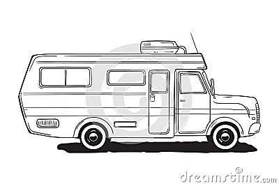 Camping caravan. Motorhome, amper car. Black and white van, hand drawn illustration. Vector Illustration