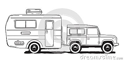 Camping caravan. Motorhome, amper car with trailer. Black and white hand drawn illustration. Vector Illustration