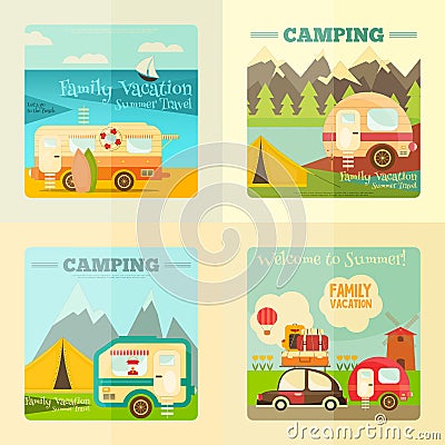 Camping Caravan Set Vector Illustration