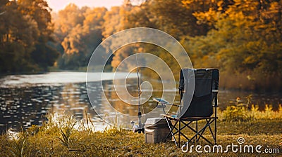 Camping chair with fishing rod by a river. Concept of outdoor leisure, fishing, camping, nature retreat. Copy space Stock Photo