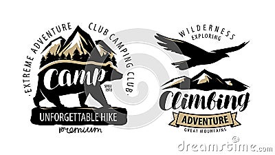 Camping, climbing logo or label. Hike, camp emblem. Vintage vector Vector Illustration