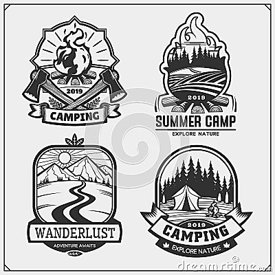 Camping club emblems, badges and design elements. Retro set of mountain tourism, forest camping, outdoor adventure and wanderlust. Vector Illustration