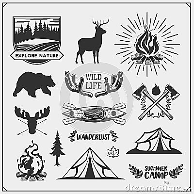 Camping club emblems and design elements with forest animals and equipment. Forest camping, outdoor adventure, wanderlust. Vector Illustration