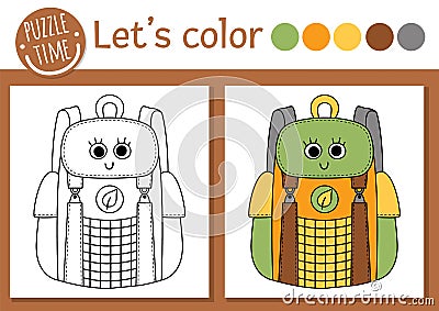 Camping coloring page for children. Funny kawaii backpack. Vector nature outline illustration with cute road trip bag. Adorable Vector Illustration