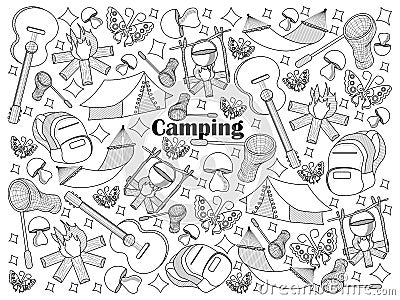Camping colorless set vector illustration Vector Illustration