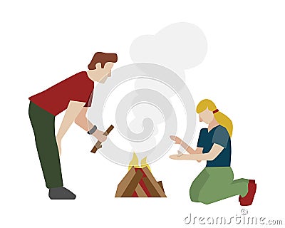 Making Camping Fire Composition Vector Illustration