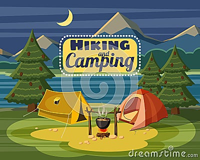 Camping concept, cartoon style Vector Illustration