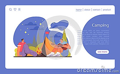 Camping concept. Peaceful night under the stars with friends, a cozy campfire, and music. Vector Illustration