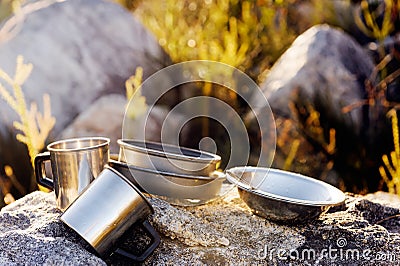 Camping cooking gear Stock Photo