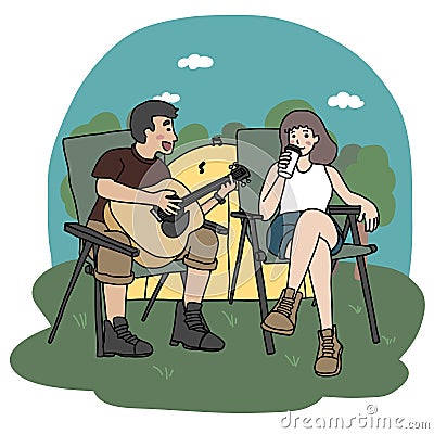 Boyfriend playing guitar for girlfriend during camping cartoon illustration minimal style. Vector Illustration