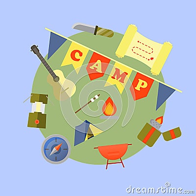 Camping creative concept.Things in the green circle Vector Illustration