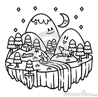 Camping in the cute mountain line illustration Vector Illustration
