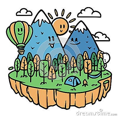 Camping on the cute mountain in the morning Vector Illustration