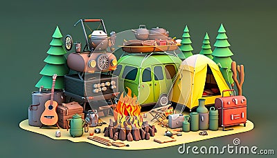 Camping 3D - Get inspired for your next camping trip with this beautiful campsite scene ai generated Stock Photo